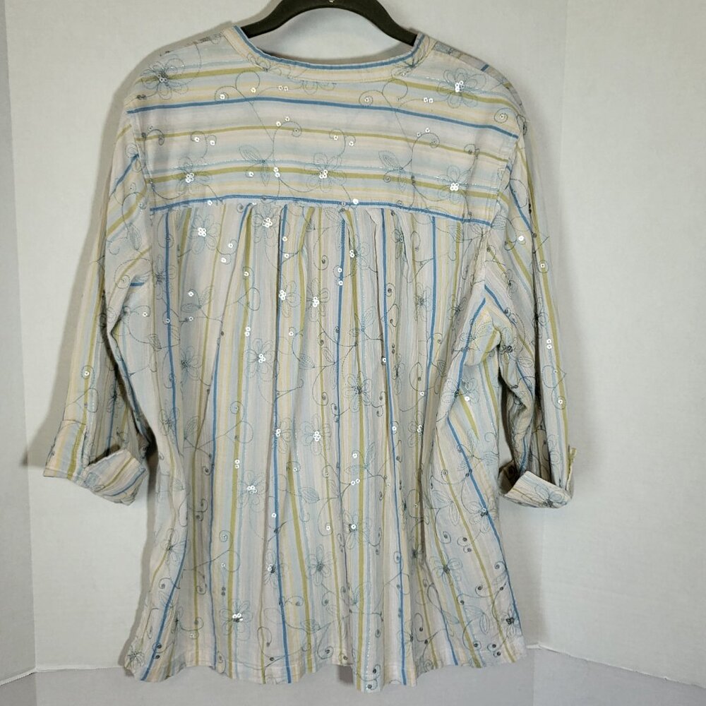 Susan Graver Style Women's Crinkled Cotton Front Button Top XL White/Yellow/Blue - Picture 6 of 10